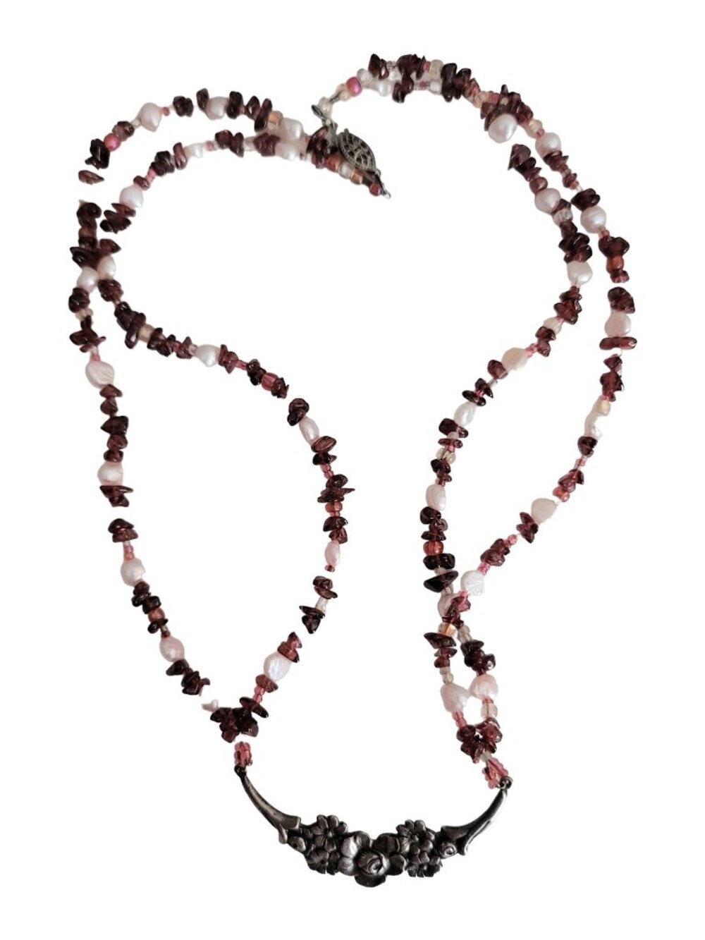 Sterling Silver Pearl Red Stone Chip, Double Strand Necklace, 18" Long